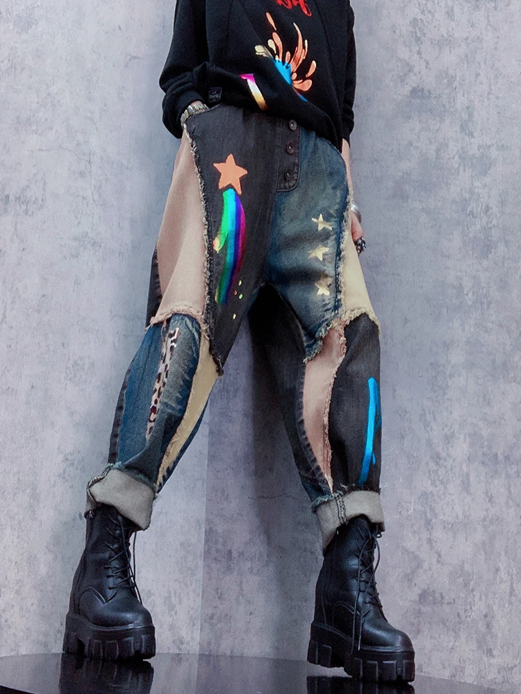 Женские шаровары с высокой талией и принтом в стиле ретро, джинсы, новая повседневная мода 2023 года, хлопковые брюки Harajuku, широкие брюки в стиле пэчворк, Редис