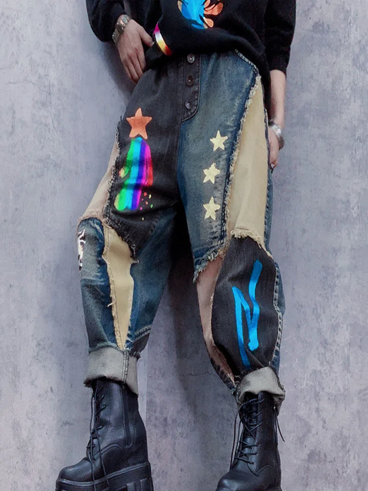 Женские шаровары с высокой талией и принтом в стиле ретро, джинсы, новая повседневная мода 2023 года, хлопковые брюки Harajuku, широкие брюки в стиле пэчворк, Редис